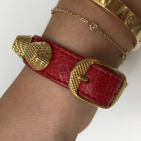 Balenciaga Arena Giant Stud Red Leather Bracelet - Picture 5 of 6